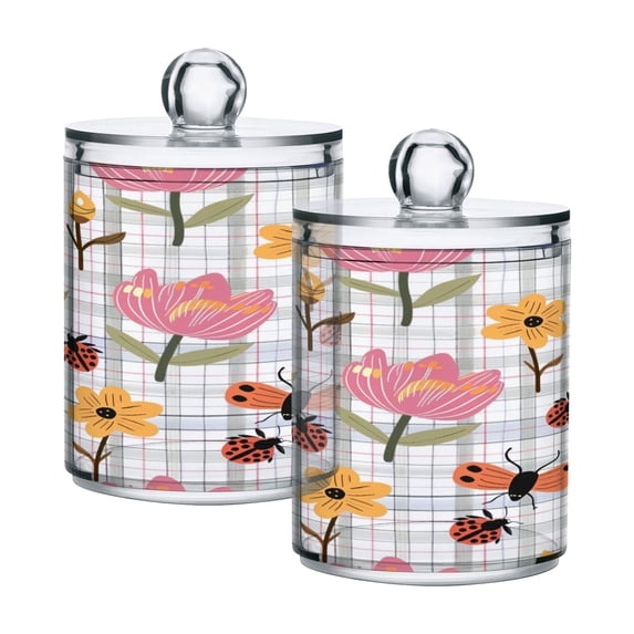 2 Pack Qtip Holder Dispenser Flowers and Ladybirds Clear Plastic Storage Apothecary Jars for Cotton Swabs Balls Pads Floss