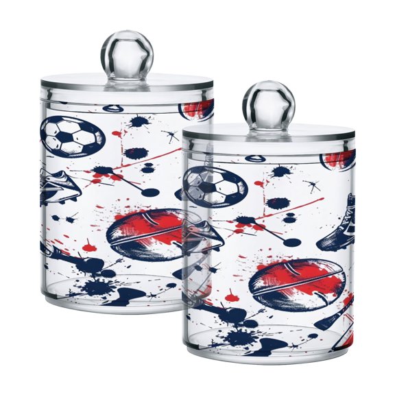 2 Pack Qtip Holder Dispenser Football Sneakers Baseball Bat Clear Plastic Storage Apothecary Jars for Cotton Swabs Balls Pads Floss