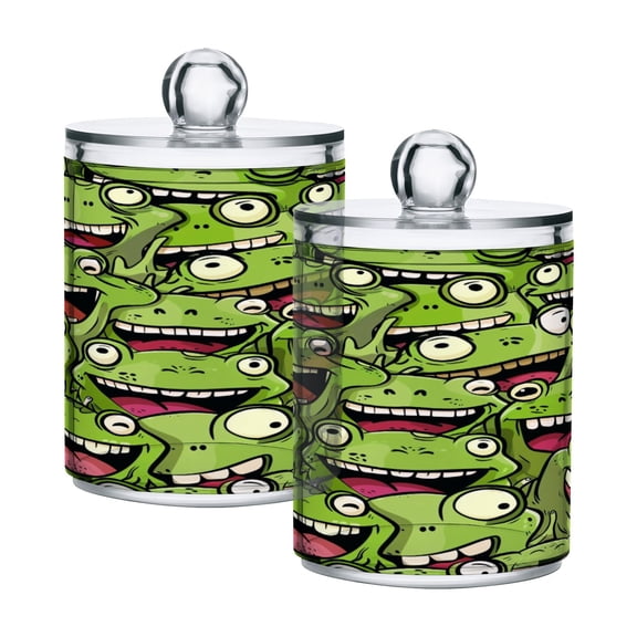 2 Pack Qtip Holder Dispenser Funny Cartoon Frogs Face Clear Plastic Storage Apothecary Jars for Cotton Swabs Balls Pads Floss