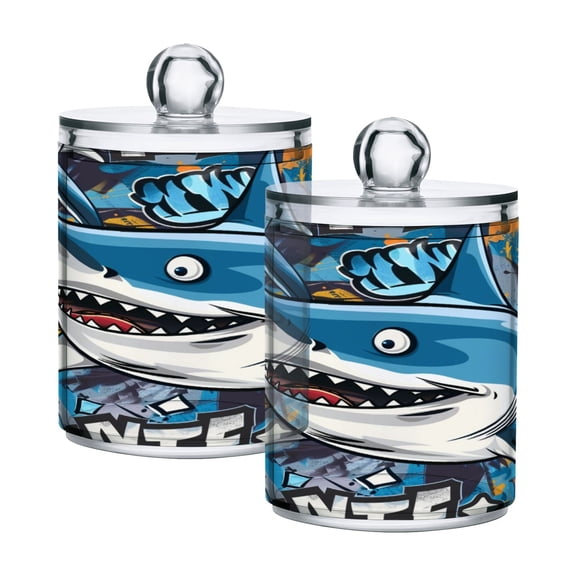 2 Pack Qtip Holder Dispenser Funny Cartoon Sharks Clear Plastic Storage Apothecary Jars for Cotton Swabs Balls Pads Floss