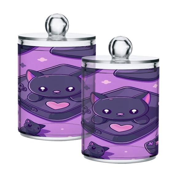 2 Pack Qtip Holder Dispenser Funny Cat and Game Console Clear Plastic Storage Apothecary Jars for Cotton Swabs Balls Pads Floss