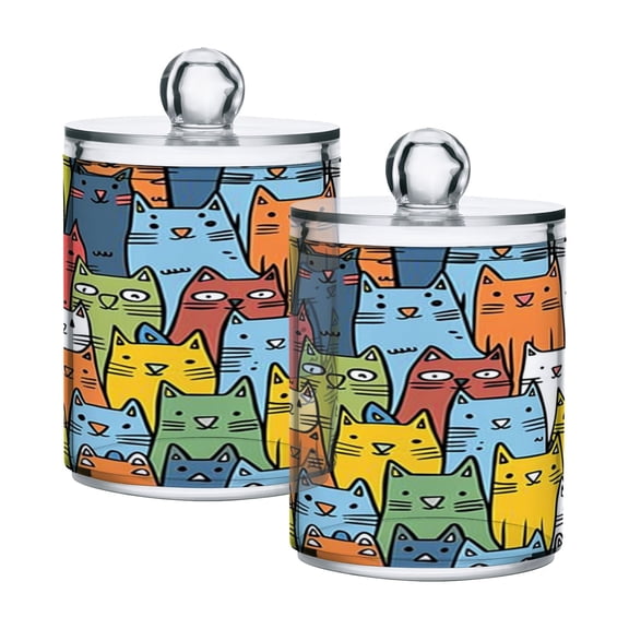 2 Pack Qtip Holder Dispenser Funny Cats Head Clear Plastic Storage Apothecary Jars for Cotton Swabs Balls Pads Floss