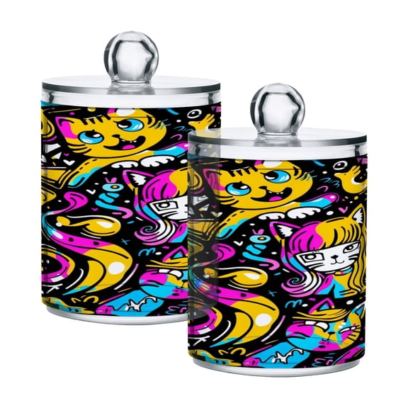2 Pack Qtip Holder Dispenser Funny Cats with Long Hair Clear Plastic Storage Apothecary Jars for Cotton Swabs Balls Pads Floss