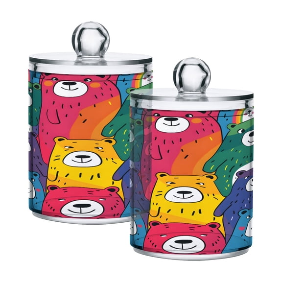 2 Pack Qtip Holder Dispenser Funny Colorful Bears Clear Plastic Storage Apothecary Jars for Cotton Swabs Balls Pads Floss