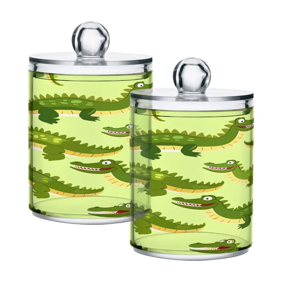 2 Pack Qtip Holder Dispenser Funny Little Crocodile Clear Plastic Storage Apothecary Jars for Cotton Swabs Balls Pads Floss