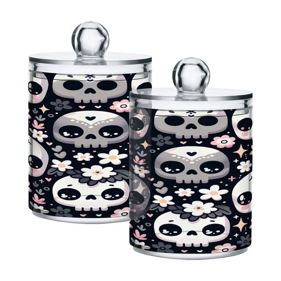 2 Pack Qtip Holder Dispenser Funny Skull with Flower Clear Plastic Storage Apothecary Jars for Cotton Swabs Balls Pads Floss