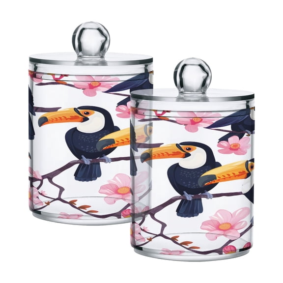 2 Pack Qtip Holder Dispenser Funny Toucan Bird and Flower Clear Plastic Storage Apothecary Jars for Cotton Swabs Balls Pads Floss