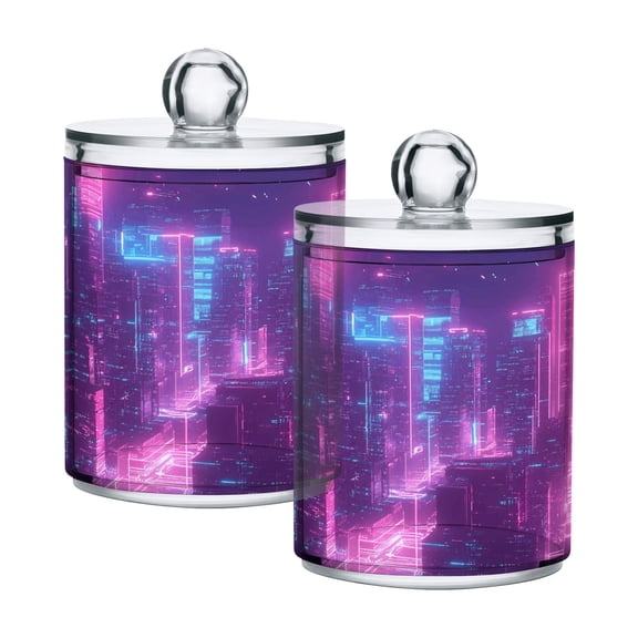 2 Pack Qtip Holder Dispenser Futuristic Cyberpunk City Clear Plastic Storage Apothecary Jars for Cotton Swabs Balls Pads Floss