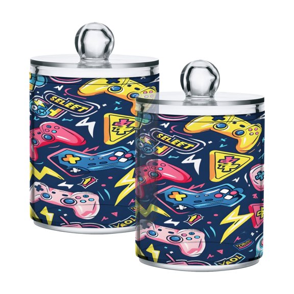 2 Pack Qtip Holder Dispenser Gamepad and Lightning Clear Plastic Storage Apothecary Jars for Cotton Swabs Balls Pads Floss