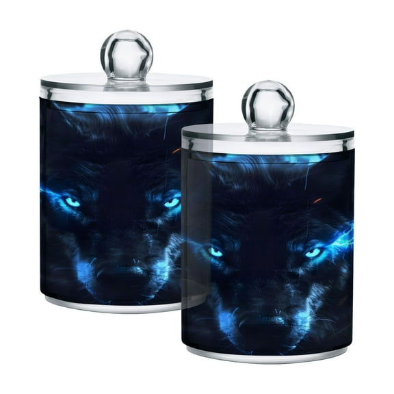 2 Pack Qtip Holder Dispenser Glowing Wolf Clear Plastic Storage Apothecary Jars for Cotton Swabs Balls Pads Floss