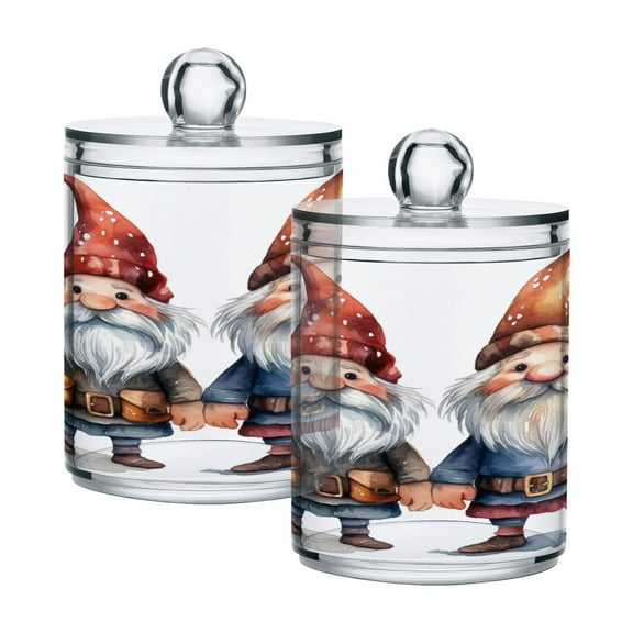 2 Pack Qtip Holder Dispenser Gnome with Pickaxe Clear Plastic Storage Apothecary Jars for Cotton Swabs Balls Pads Floss