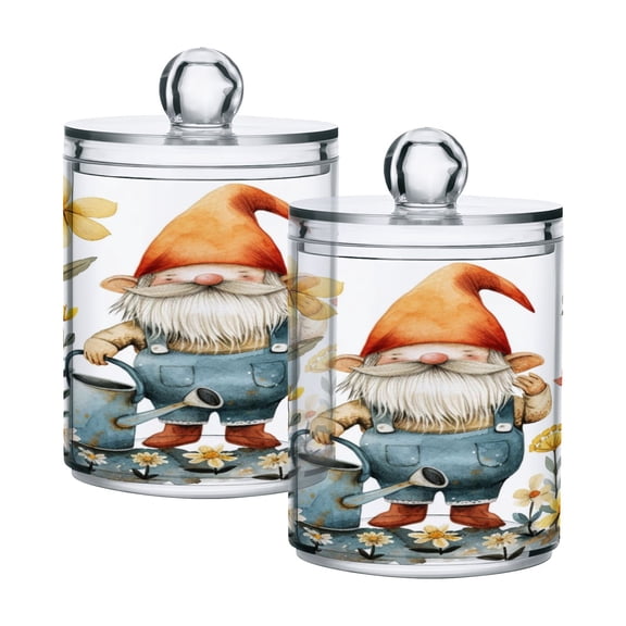 2 Pack Qtip Holder Dispenser Gnomes Bee Flower Kettle Clear Plastic Storage Apothecary Jars for Cotton Swabs Balls Pads Floss