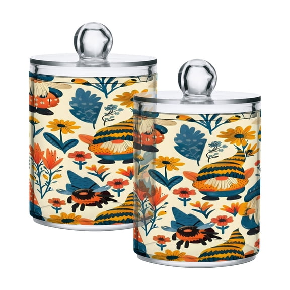 2 Pack Qtip Holder Dispenser Gnomes Honeybee Flower Clear Plastic Storage Apothecary Jars for Cotton Swabs Balls Pads Floss