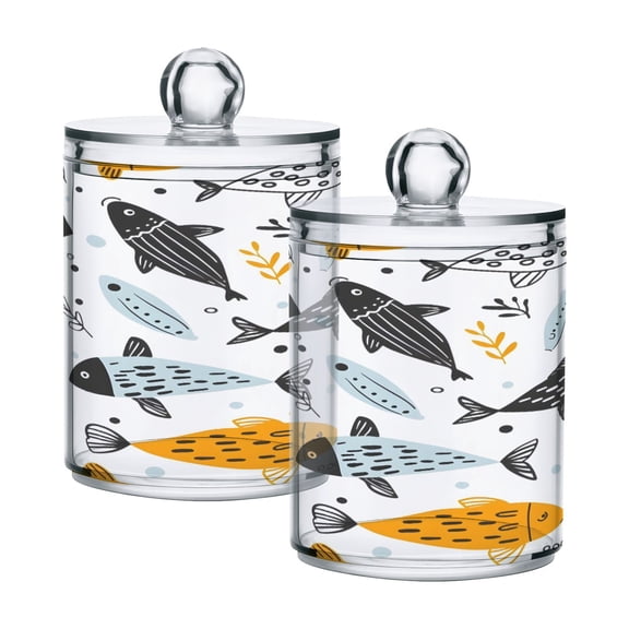 2 Pack Qtip Holder Dispenser Hand Drawn Doodle Fish Clear Plastic Storage Apothecary Jars for Cotton Swabs Balls Pads Floss