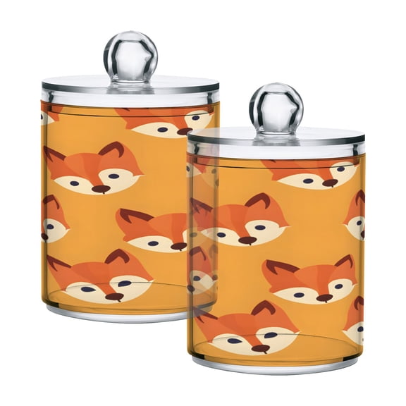 2 Pack Qtip Holder Dispenser Hand Drawn Fox Face Clear Plastic Storage Apothecary Jars for Cotton Swabs Balls Pads Floss
