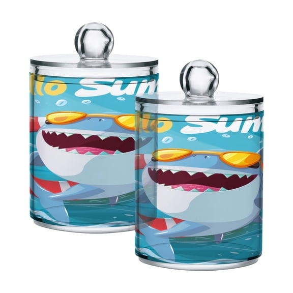 2 Pack Qtip Holder Dispenser Hello Summer Shark Clear Plastic Storage Apothecary Jars for Cotton Swabs Balls Pads Floss