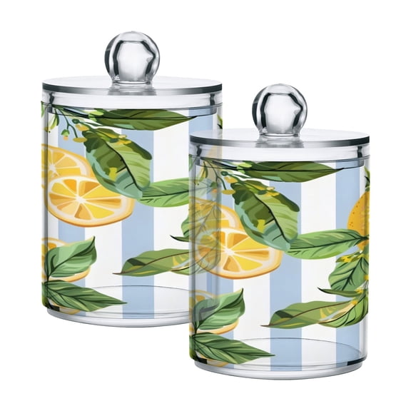 2 Pack Qtip Holder Dispenser Lemon Slice and Leaves Clear Plastic Storage Apothecary Jars for Cotton Swabs Balls Pads Floss