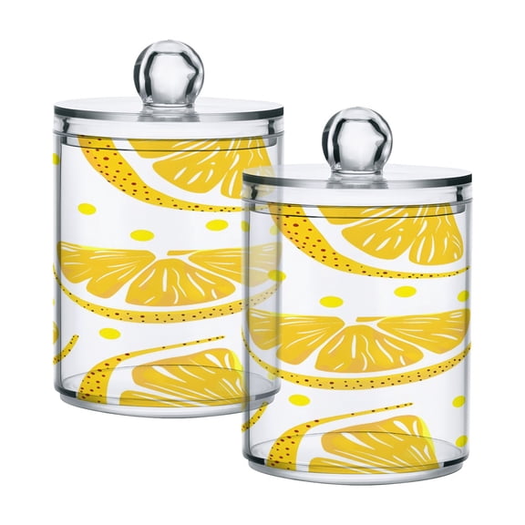 2 Pack Qtip Holder Dispenser Lemon Slice and Polk Dot Clear Plastic Storage Apothecary Jars for Cotton Swabs Balls Pads Floss