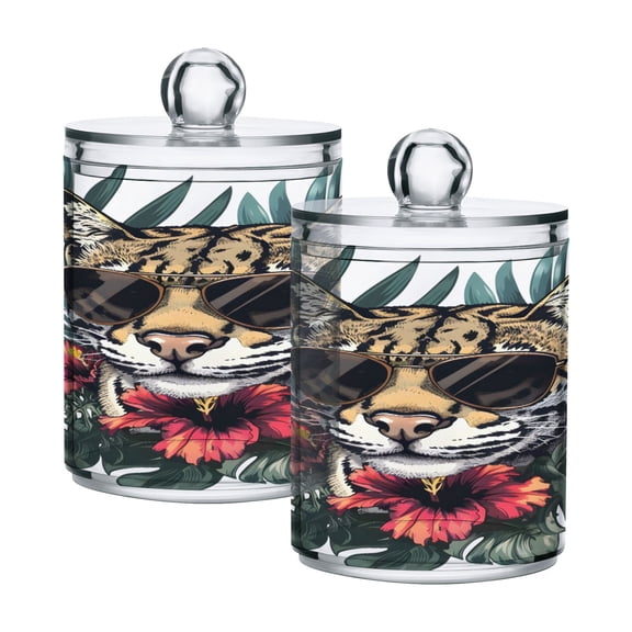 2 Pack Qtip Holder Dispenser Leopard Head and Sunglasses Clear Plastic Storage Apothecary Jars for Cotton Swabs Balls Pads Floss
