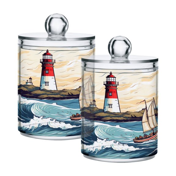 2 Pack Qtip Holder Dispenser Lighthouse Ship Sea Clear Plastic Storage Apothecary Jars for Cotton Swabs Balls Pads Floss