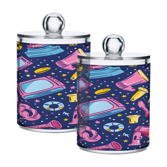 2 Pack Qtip Holder Dispenser Megaphones and Tvs Clear Plastic Storage Apothecary Jars for Cotton Swabs Balls Pads Floss