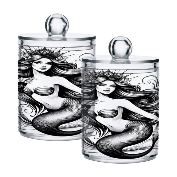 2 Pack Qtip Holder Dispenser Mermaid Corona Clear Plastic Storage Apothecary Jars for Cotton Swabs Balls Pads Floss