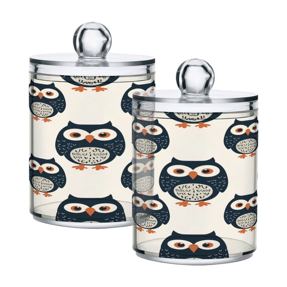 2 Pack Qtip Holder Dispenser Navy Blue Cute Owls Clear Plastic Storage Apothecary Jars for Cotton Swabs Balls Pads Floss