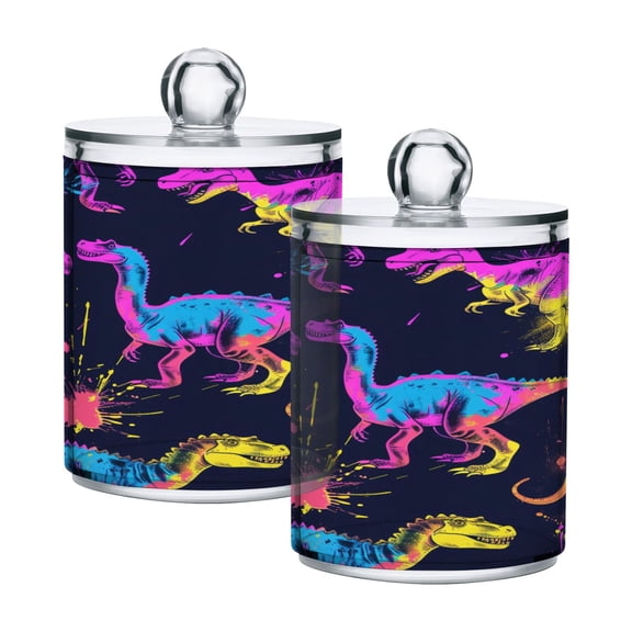 2 Pack Qtip Holder Dispenser Neon Funny Dinosaurs Clear Plastic Storage Apothecary Jars for Cotton Swabs Balls Pads Floss