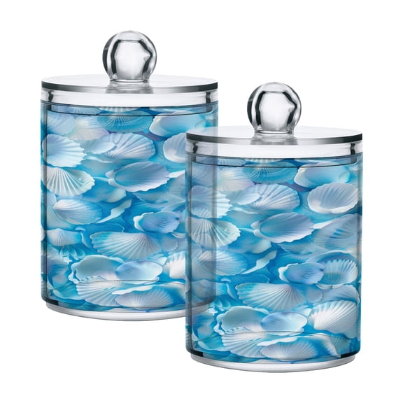 2 Pack Qtip Holder Dispenser Overlapping Seashells Clear Plastic Storage Apothecary Jars for Cotton Swabs Balls Pads Floss