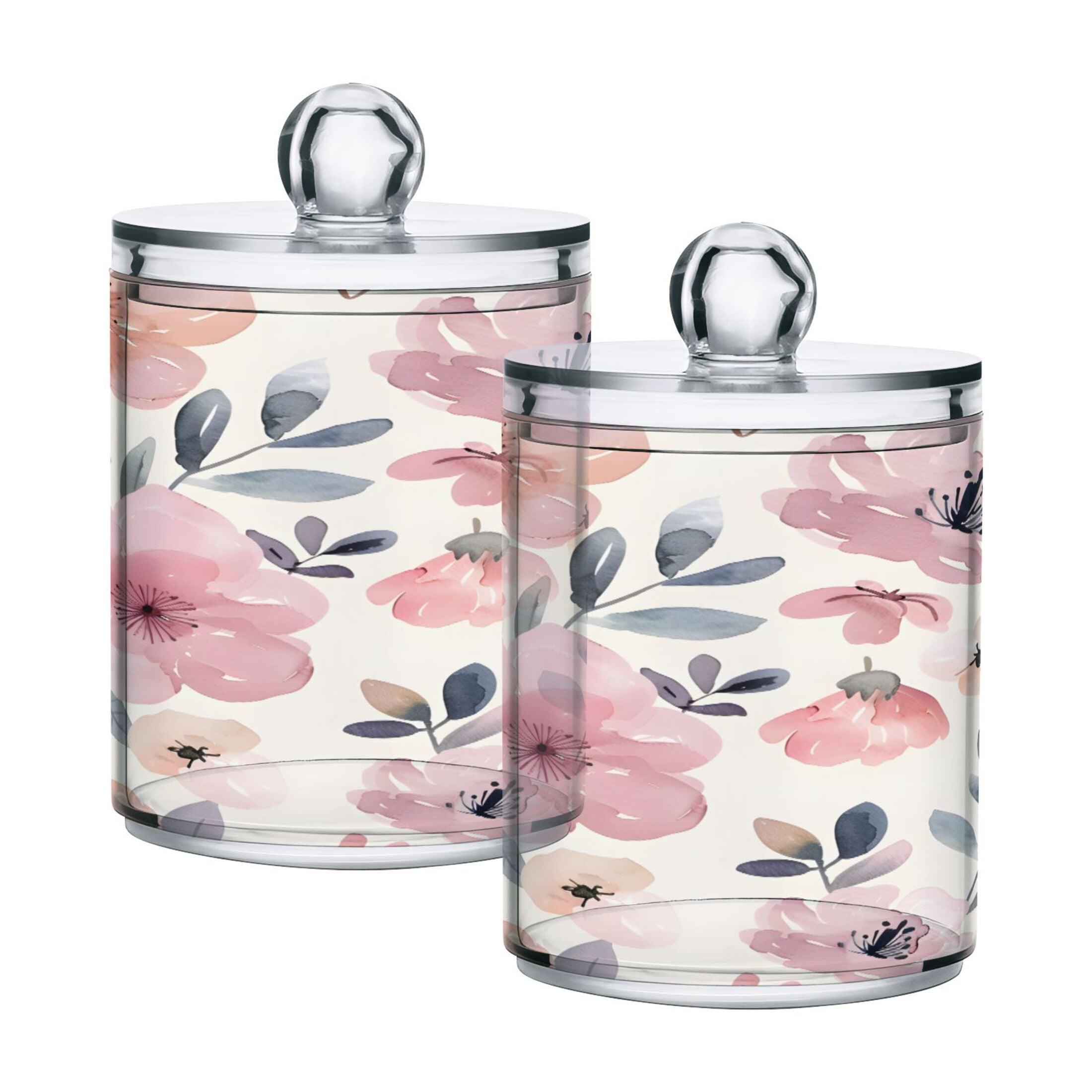 2 Pack Qtip Holder Dispenser Pale Watercolor Flower Clear Plastic