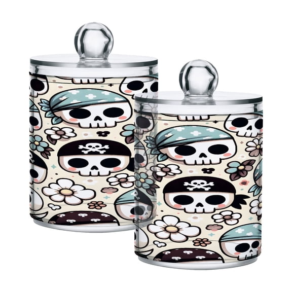 2 Pack Qtip Holder Dispenser Pirate Skull Head with Daisy Clear Plastic Storage Apothecary Jars for Cotton Swabs Balls Pads Floss