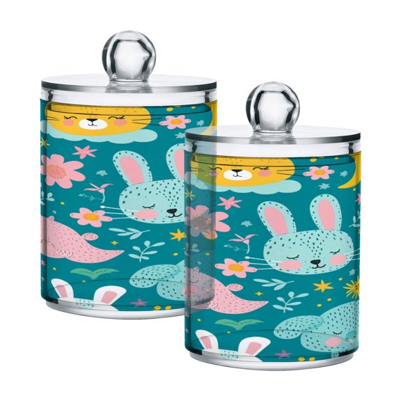 2 Pack Qtip Holder Dispenser Rabbit Whale Elephant Moon Flower Clear Plastic Storage Apothecary Jars for Cotton Swabs Balls Pads Floss
