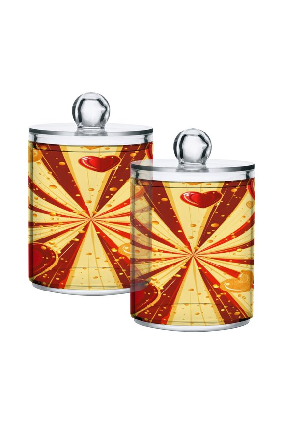 2 Pack Qtip Holder Dispenser Red Gold Hearts and Ray Clear Plastic Storage Apothecary Jars for Cotton Swabs Balls Pads Floss