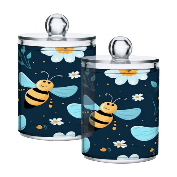 2 Pack Qtip Holder Dispenser Rejoice Bee with Flower Clear Plastic Storage Apothecary Jars for Cotton Swabs Balls Pads Floss