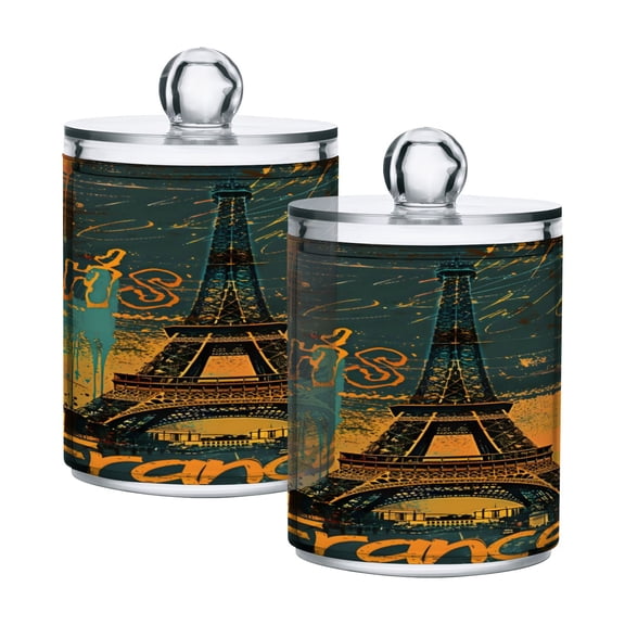 2 Pack Qtip Holder Dispenser Retro Eifel Tower Clear Plastic Storage Apothecary Jars for Cotton Swabs Balls Pads Floss