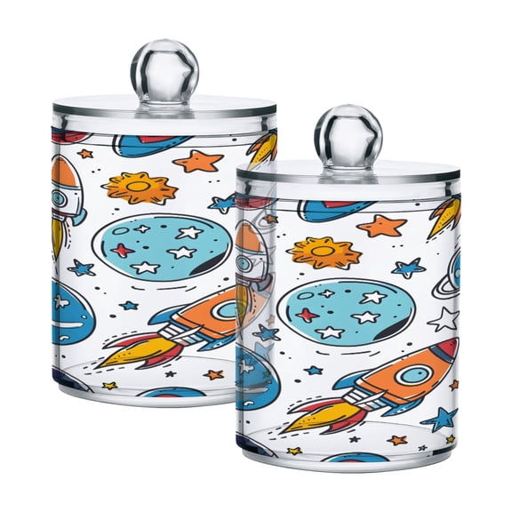 2 Pack Qtip Holder Dispenser Rocket Planet Star Sun Clear Plastic Storage Apothecary Jars for Cotton Swabs Balls Pads Floss