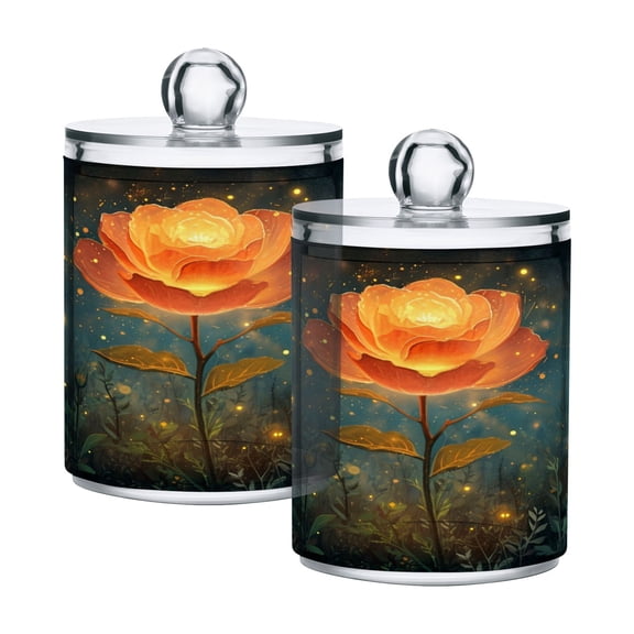 2 Pack Qtip Holder Dispenser Rose Flower with Fireflies Clear Plastic Storage Apothecary Jars for Cotton Swabs Balls Pads Floss