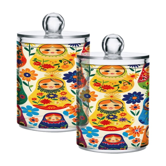 2 Pack Qtip Holder Dispenser Russian Matryoshka Clear Plastic Storage Apothecary Jars for Cotton Swabs Balls Pads Floss