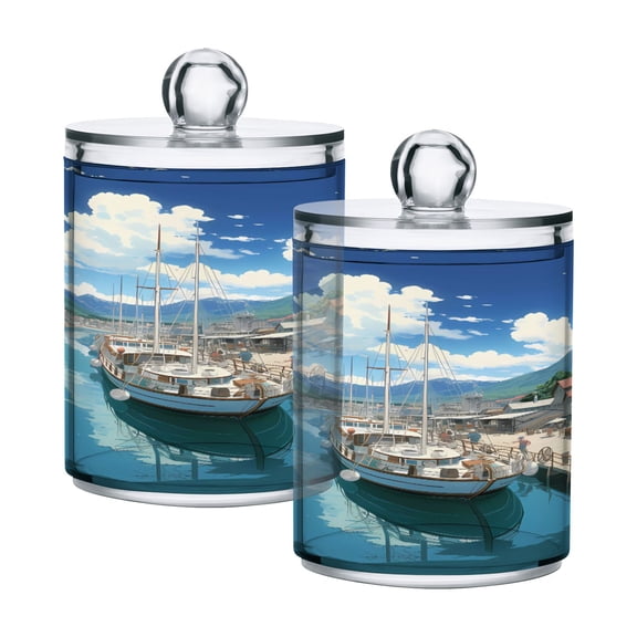 2 Pack Qtip Holder Dispenser Sailing Boats Docked in Town Clear Plastic Storage Apothecary Jars for Cotton Swabs Balls Pads Floss