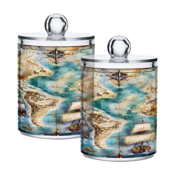 2 Pack Qtip Holder Dispenser Sailing Ship and Nautical Chart Clear Plastic Storage Apothecary Jars for Cotton Swabs Balls Pads Floss