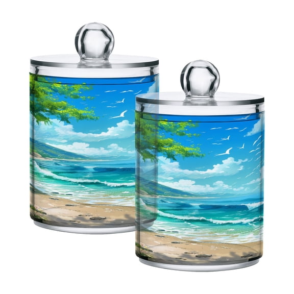 2 Pack Qtip Holder Dispenser Seagull Sea Wave Beach Clear Plastic Storage Apothecary Jars for Cotton Swabs Balls Pads Floss