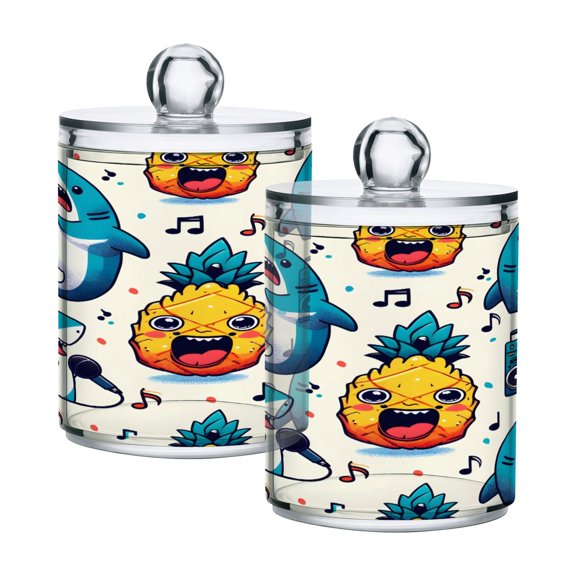 2 Pack Qtip Holder Dispenser Shark Pineapple Music Notes Clear Plastic Storage Apothecary Jars for Cotton Swabs Balls Pads Floss