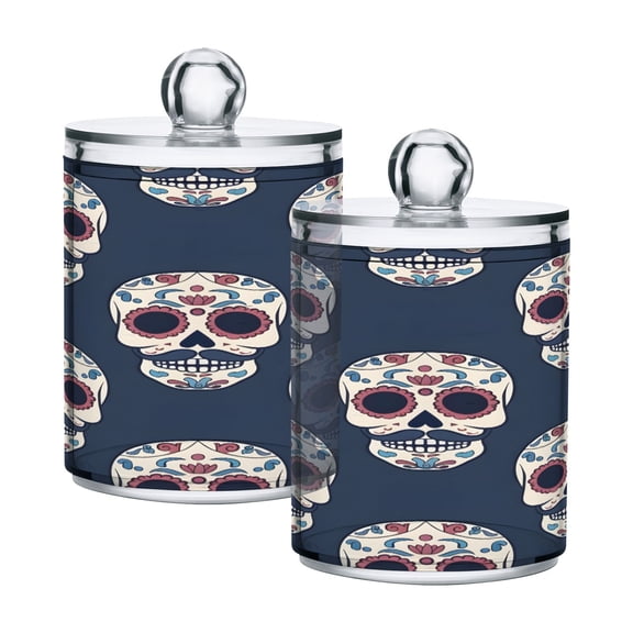 2 Pack Qtip Holder Dispenser Skull with Mustache Clear Plastic Storage Apothecary Jars for Cotton Swabs Balls Pads Floss