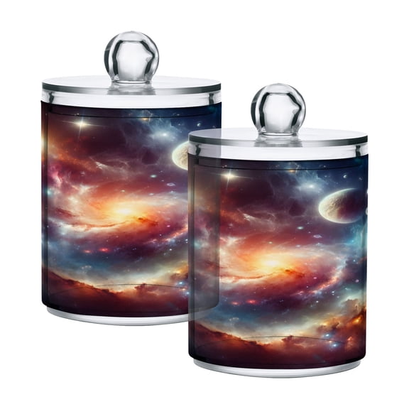 2 Pack Qtip Holder Dispenser Space Universe Galaxy Clear Plastic Storage Apothecary Jars for Cotton Swabs Balls Pads Floss