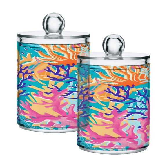 2 Pack Qtip Holder Dispenser Tropical Coral Reef Clear Plastic Storage Apothecary Jars for Cotton Swabs Balls Pads Floss