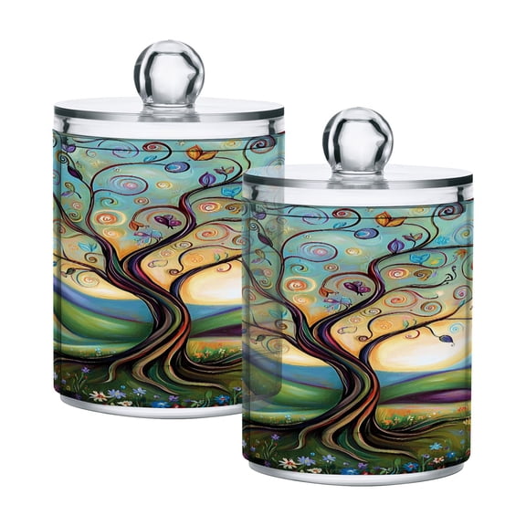 2 Pack Qtip Holder Dispenser Vibrant Whimsical Tree Clear Plastic Storage Apothecary Jars for Cotton Swabs Balls Pads Floss