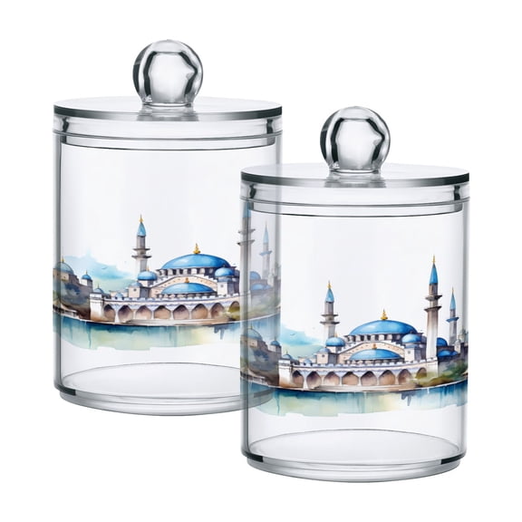 2 Pack Qtip Holder Dispenser Watercolor Istanbul City Clear Plastic Storage Apothecary Jars for Cotton Swabs Balls Pads Floss