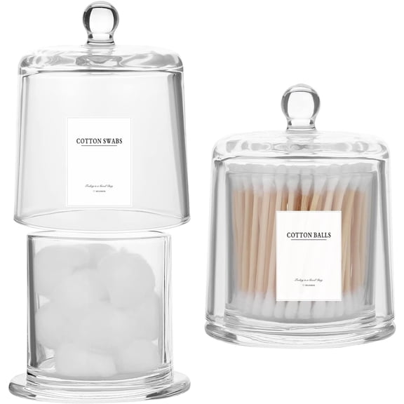 2 Pack Qtip Holder Thick Glass Apothecary Jars with Lid for Bathroom Accessories Vanity Organizers and Makeup Storage for Cotton Ball, Swabs, Makeup Sponges, Candy, Jewelry, Clear
