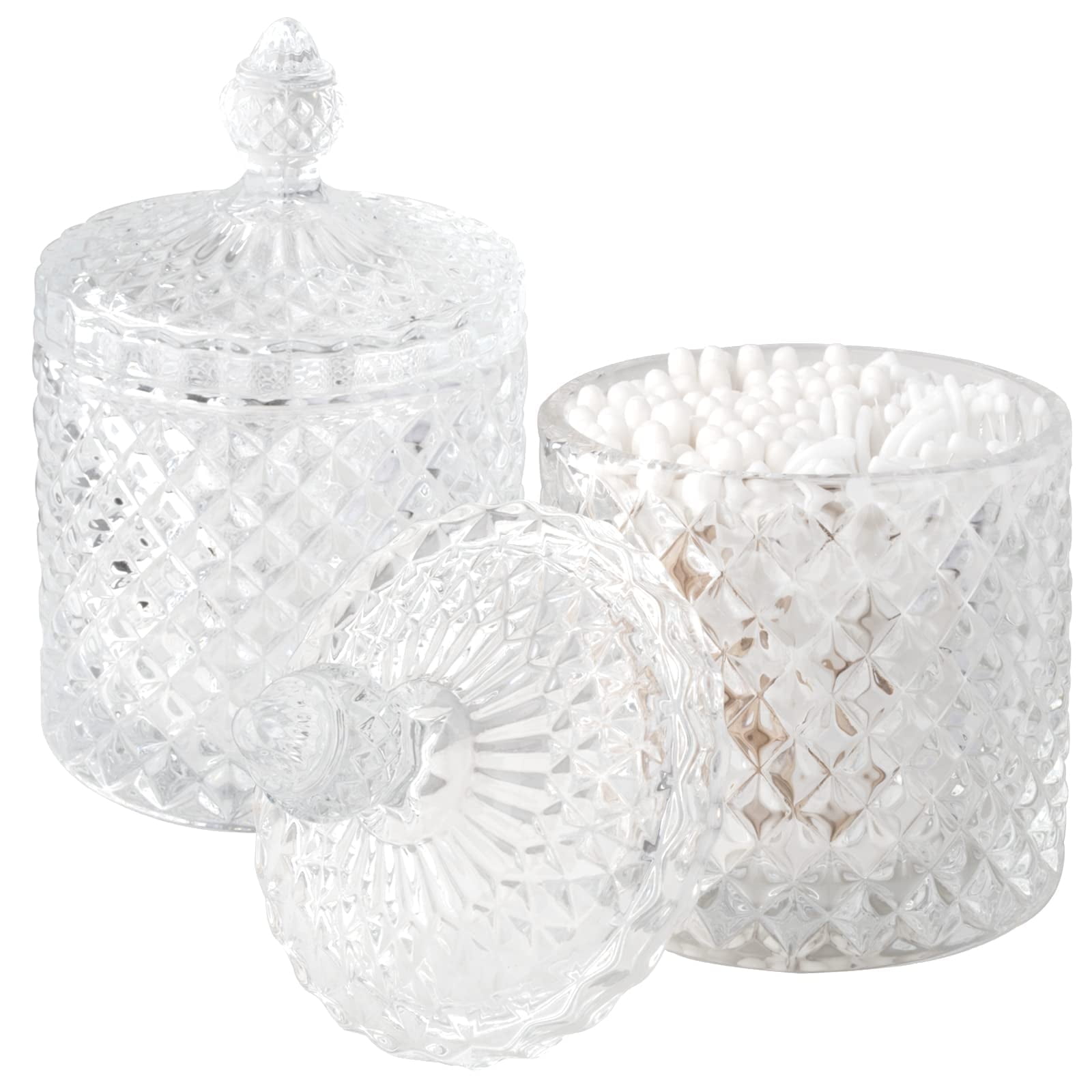 2 Pack Qtip Holder Thick Glass Apothecary Jars with Lid for Bathroom Decor, Clear Cotton Ball Storage Organizer for Cotton Swab, Cotton Rounds, Jewelry, Candy
