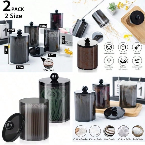2 Pack Qtip HolderCanister Apothecary Jar Set Bathroom Jars with Lids Set for Cotton Swabs Balls Pads Floss Picks 10oz-12oz Plastic Canisters Restroom Bedroom Vanity Organizer Black